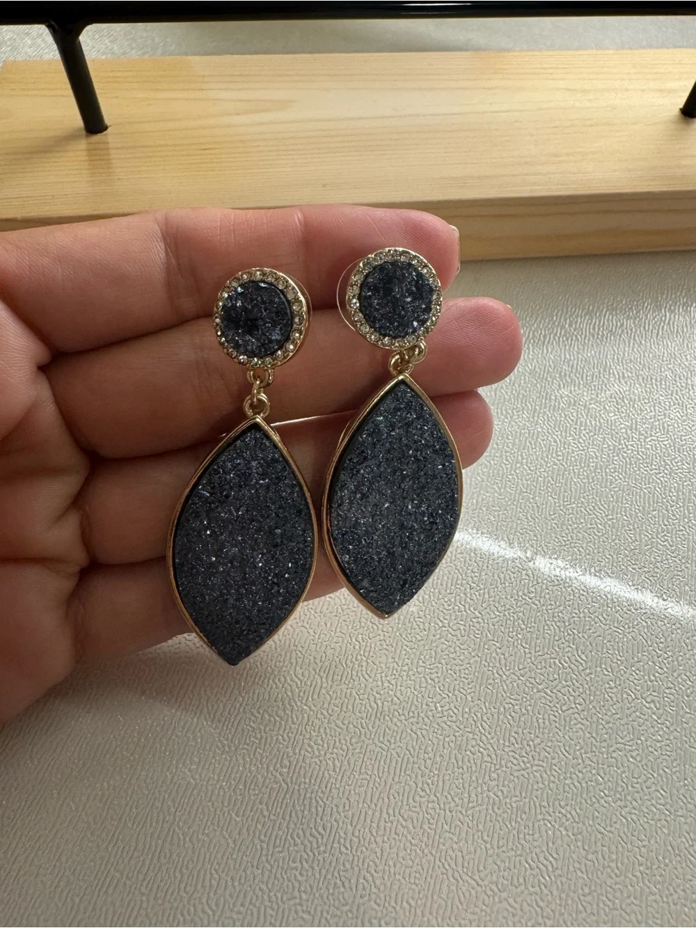 SugarFix Gold-Trim Gray Druzy Marquise Drop Earrings
